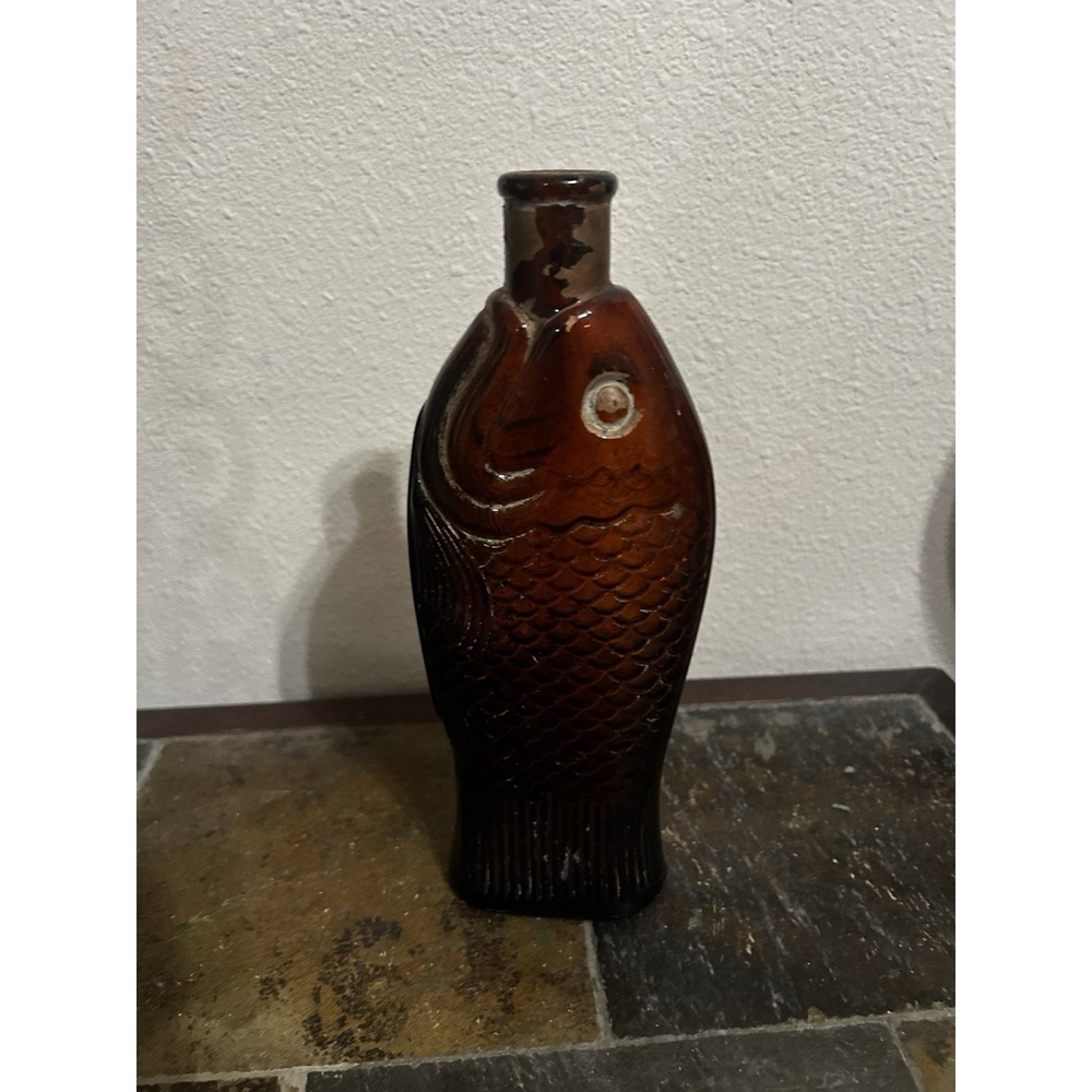 Vintage 10" Brown Amber Glass Fish Bottle Jar Spice Bitters Container